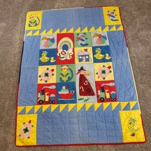 Vintage Handmade Patchwork Baby Quilt Love Animals Nursery Primary Colors